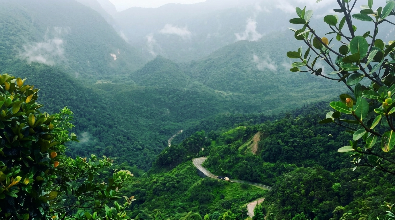 Montañas y bosques del Alto Mayo, con un camino entre las laderas
